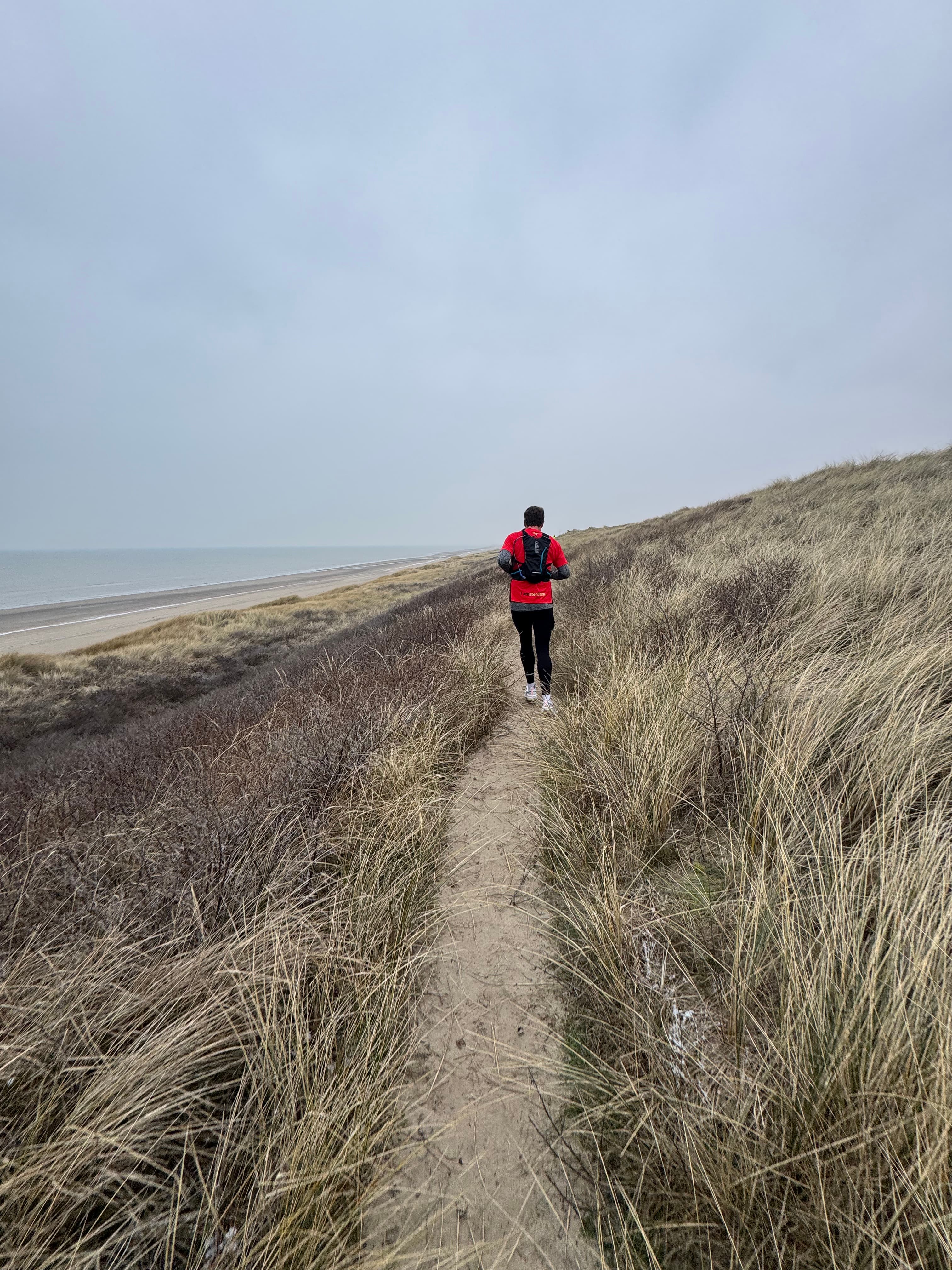 Wandelaar op een duinpad richting zee